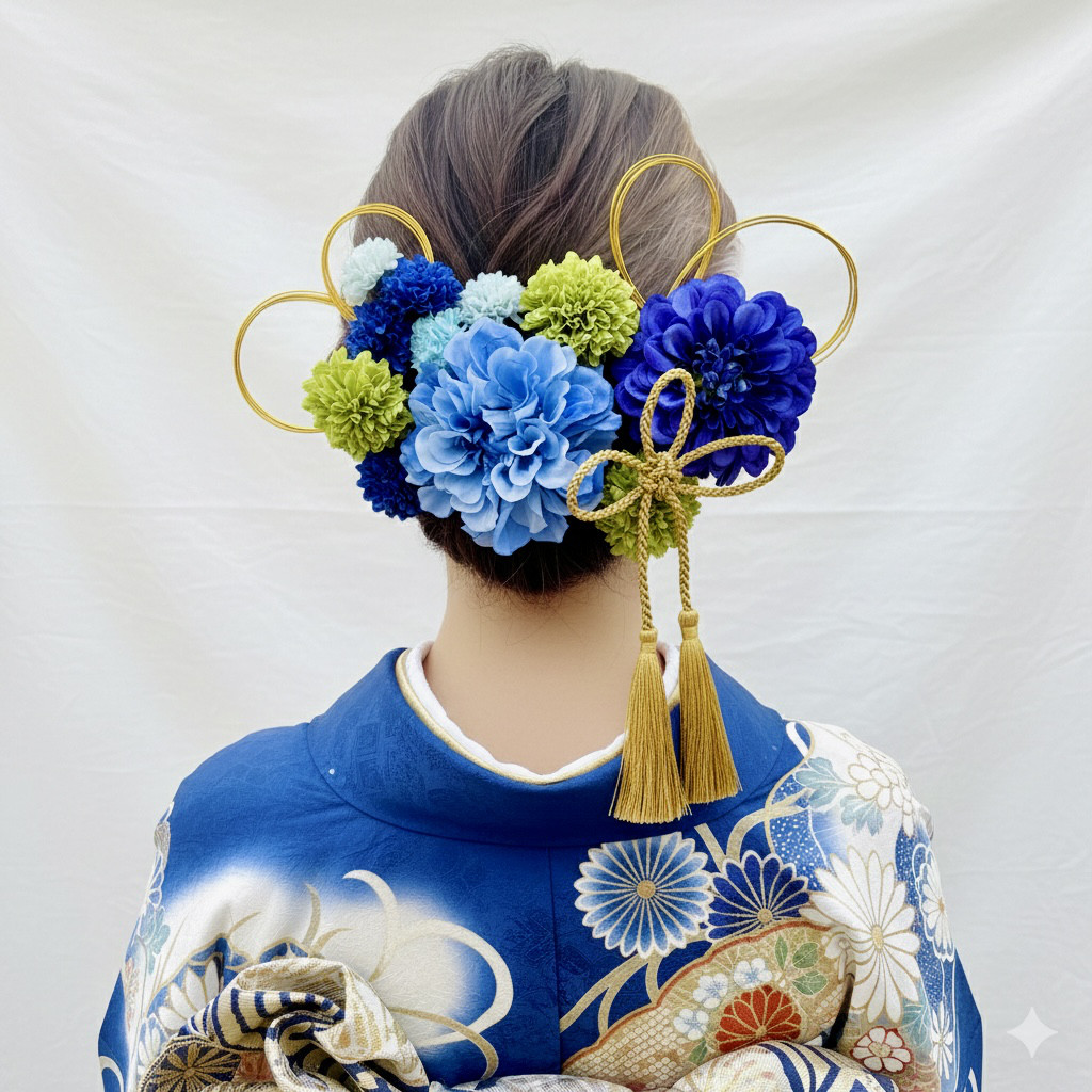 ブルー系の和装・洋装髪飾り、ヘッドドレス、青  造花髪飾り　卒業式、結婚式　和装、晴れやかブルー2026