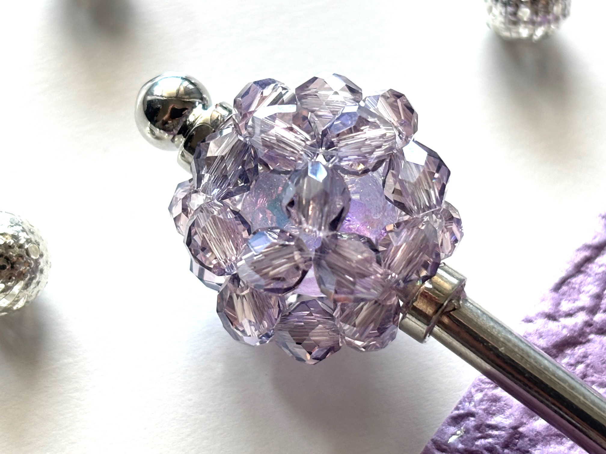 かんざし　氷砂糖の様なビーズボール　紫　パープル　クリア　透明　涼しげ　夏　ガラス　一本挿し　一本簪