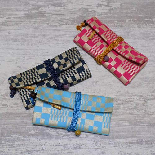 オーダー 金彩工芸 家紋菱 金仕上げ 濃紺デニム地製 「道中財布」 長