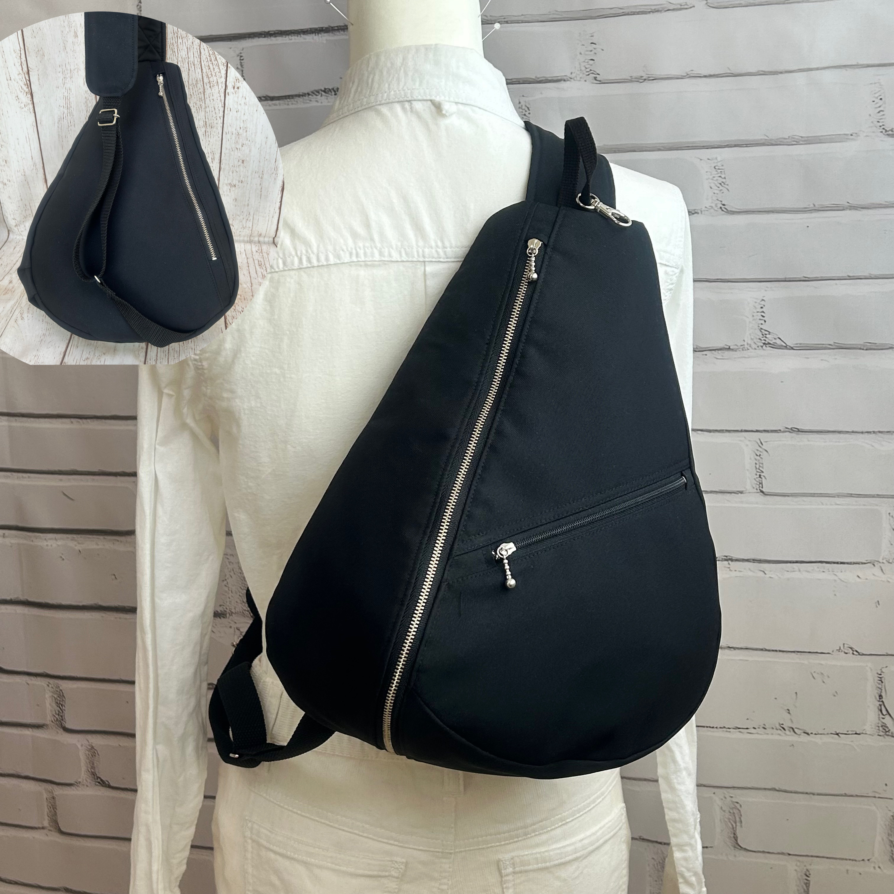 背面ファスナーポケット付き　シワになりにくい　しずく型　ワンショルダーバック　ボディーバック　長さ調節可能　黒