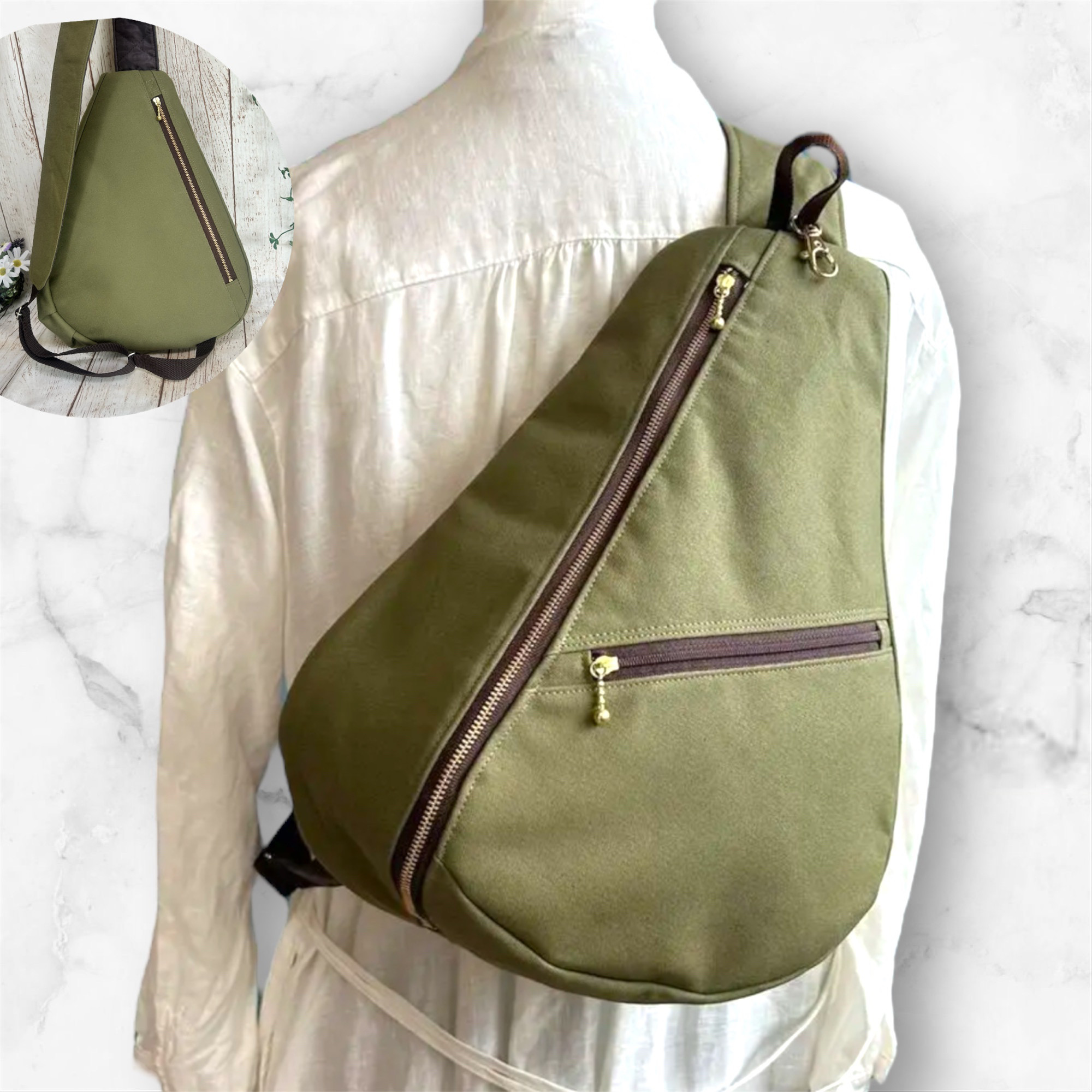 背面ファスナーポケット付き　しずく型　ワンショルダーバック　ボディーバック　長さ調節可能　軽量　帆布　オリーブ 6,240円