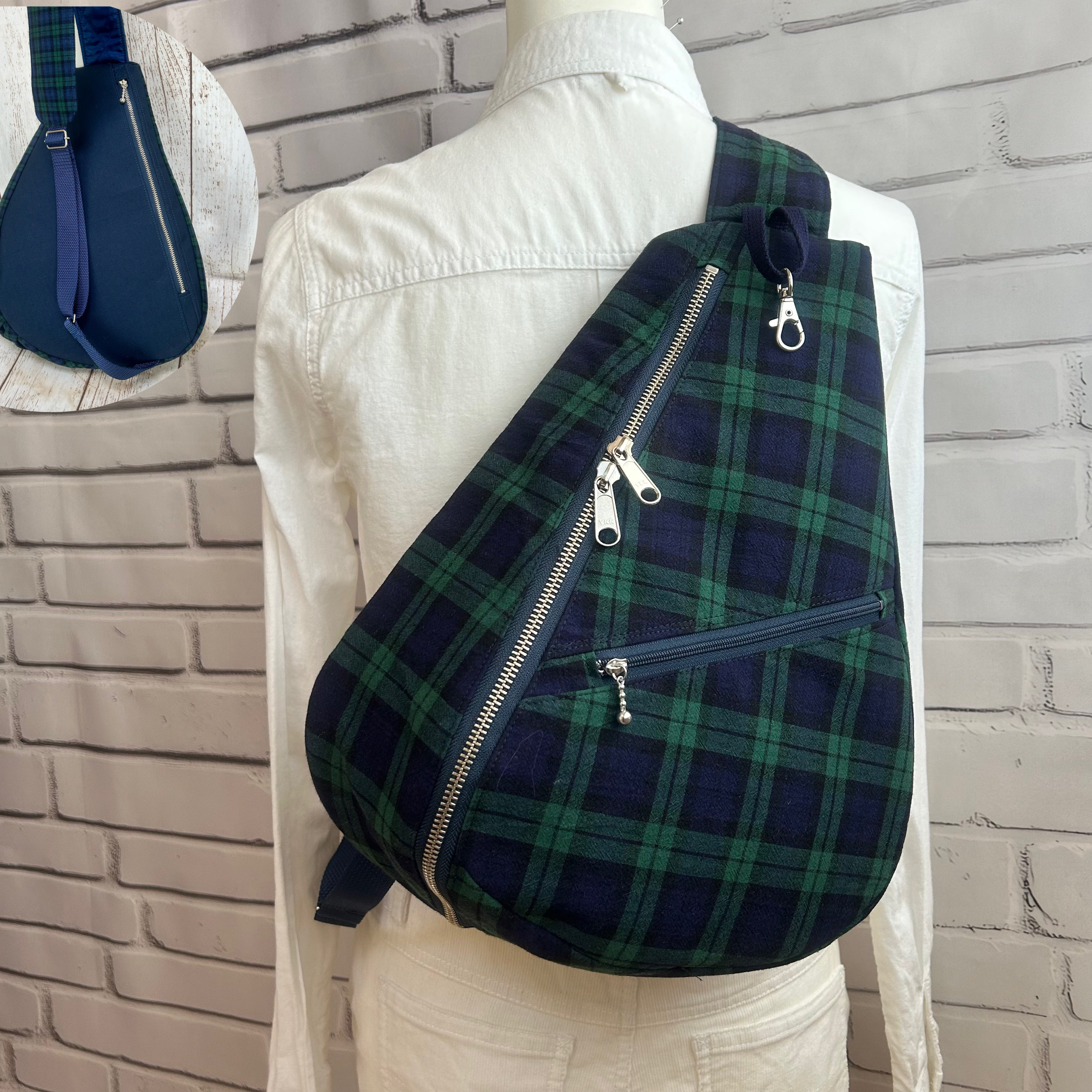 背面ファスナーポケット付き　両開きファスナー開閉　しずく型　ワンショルダーバック　ボディーバック　ブラックウォッチ