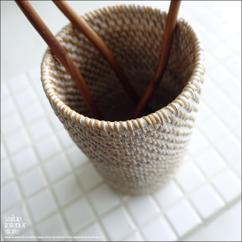 ラタンカトラリースタンドWW ペンスタント 手編みホルダー 小物入れ