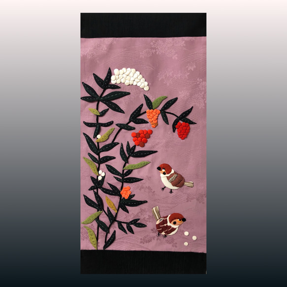 キット】南天と福良雀のタペストリー【押し絵】【古布】 キット 和小物