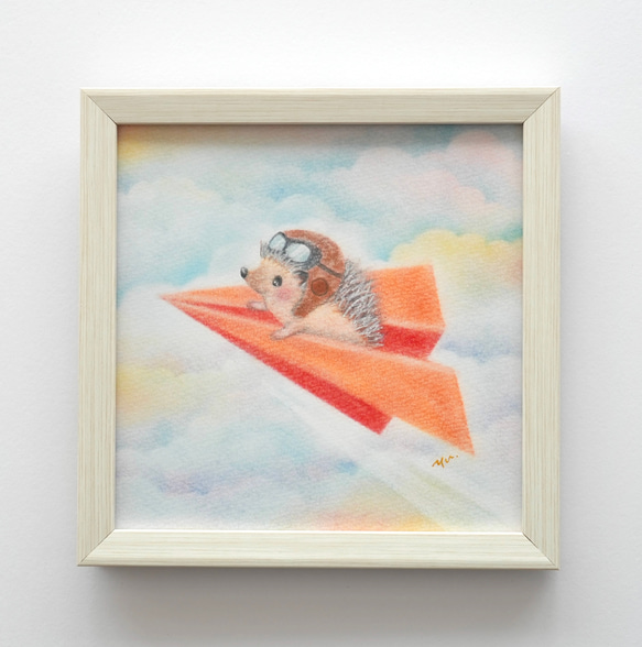 【複製画】「紙飛行機で空の旅」　ハリネズミ　パステルアート　動物　イラスト 6枚目の画像