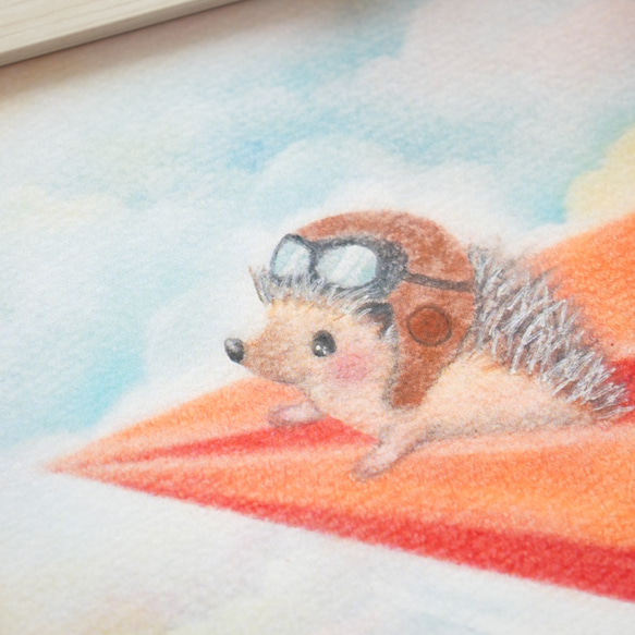 【複製画】「紙飛行機で空の旅」　ハリネズミ　パステルアート　動物　イラスト 2枚目の画像
