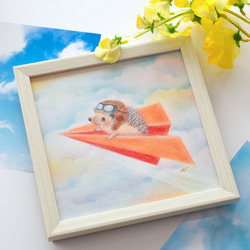 【複製画】「紙飛行機で空の旅」　ハリネズミ　パステルアート　動物　イラスト 1枚目の画像