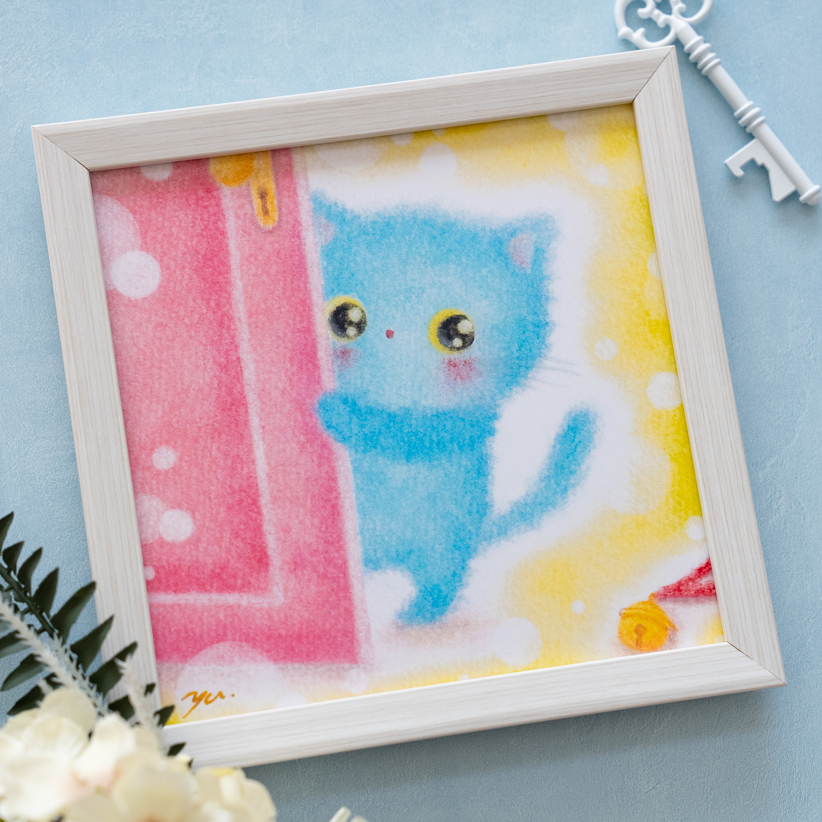 送料無料｜【複製画】「幸せの青い子猫ちゃん」 パステルアート ねこ