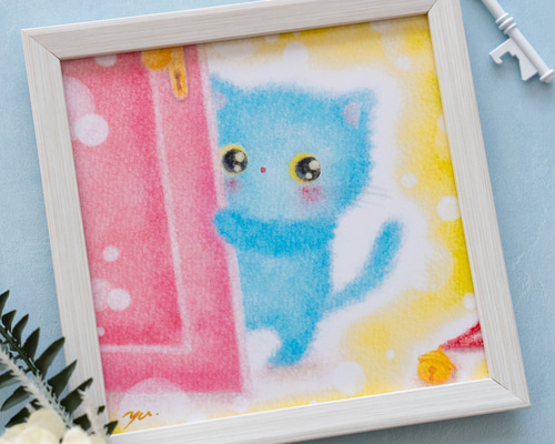 スプレーアート原画 猫と夕陽 （A4コート紙作品） 絵画 AKI