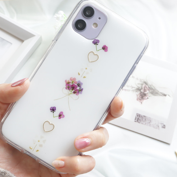 ミルキーホワイト 押し花スマホケース iPhoneケース Android Galaxy