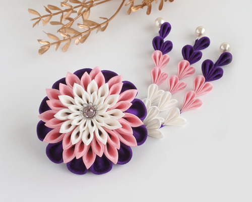 ダリアの花宴✤ヘアクリップピン «玉鬘» つまみ細工 髪飾り 卒業式