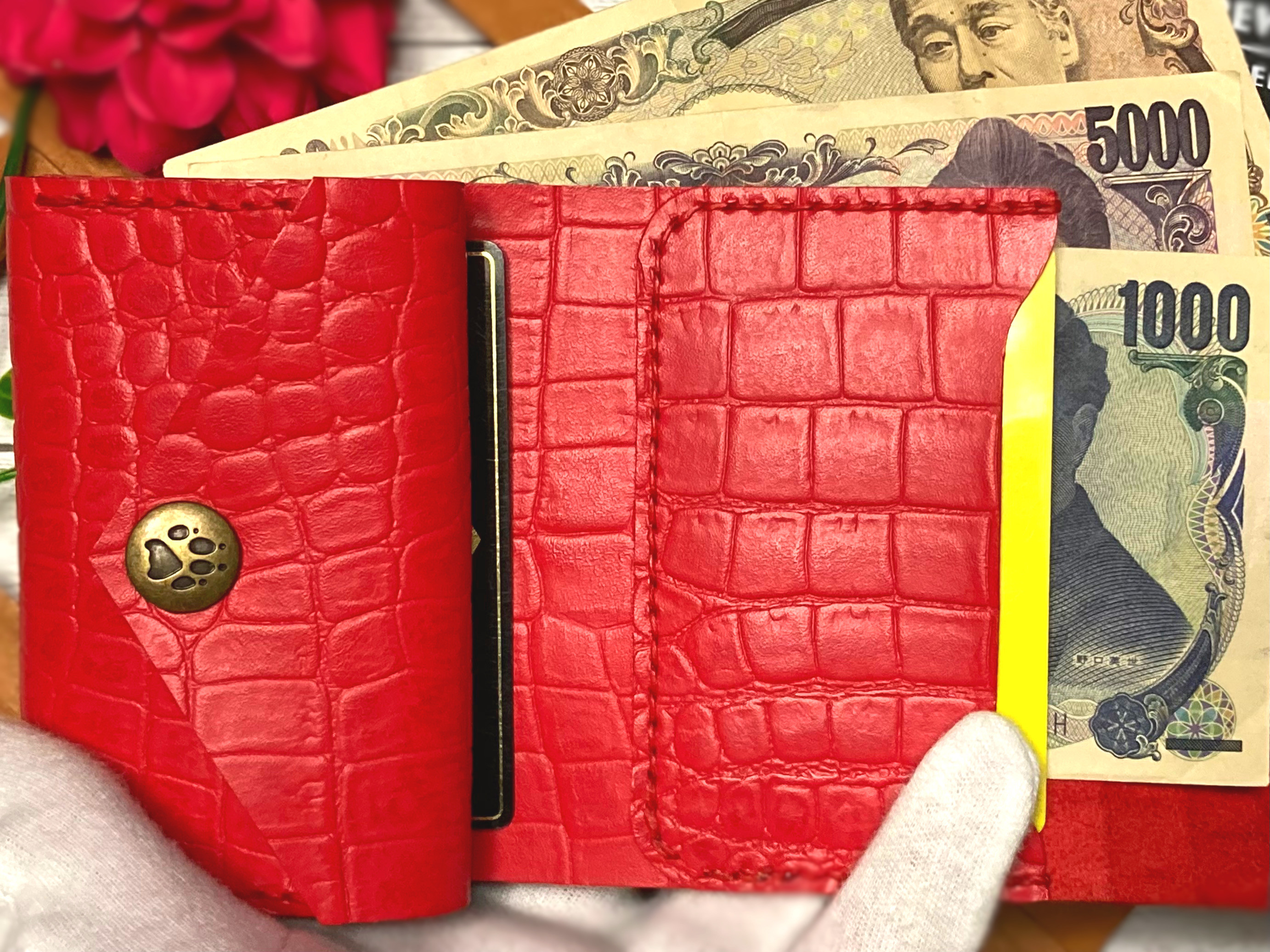 ❤【高級感×可愛い♪】大人オシャレな総本革手紙型コンパクトミニ財布♪大人な赤 クロコダイル柄 買い物が楽しくなる♪