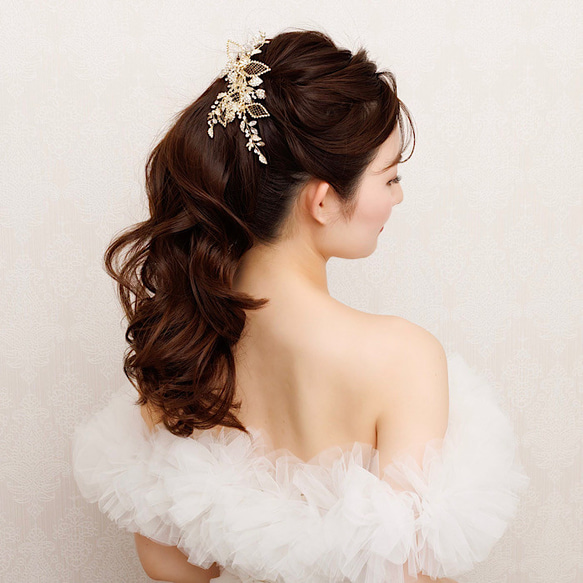 フラワー＆リーフモチーフのヘッドドレス 小枝アクセサリー ヘアアクセサリー  ゴールド 結婚式 花嫁 E45G 5枚目の画像