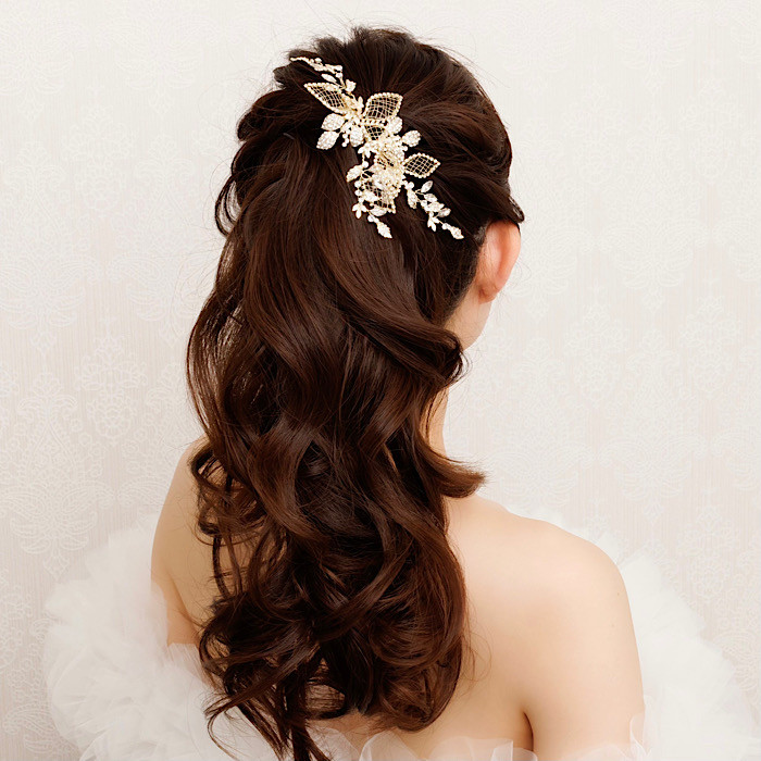 フラワー＆リーフモチーフのヘッドドレス 小枝アクセサリー ヘアアクセサリー  ゴールド 結婚式 花嫁 E45G