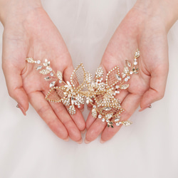 フラワー＆リーフモチーフのヘッドドレス 小枝アクセサリー ヘアアクセサリー  ゴールド 結婚式 花嫁 E45G 7枚目の画像