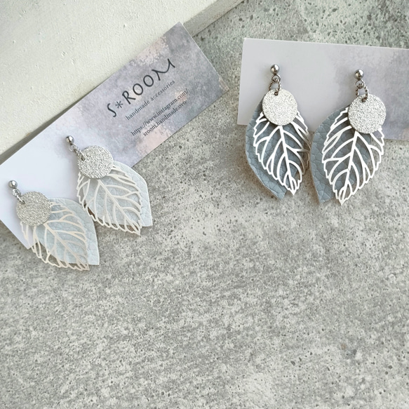 再再…販☆秋冬☆マットシルバーリーフピアス/イヤリング☆痒くなり