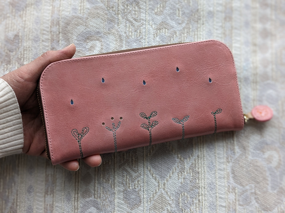 刺繍革財布『LIFE』つやピンク（牛革）☆Slimラウンドファスナー型 7枚目の画像