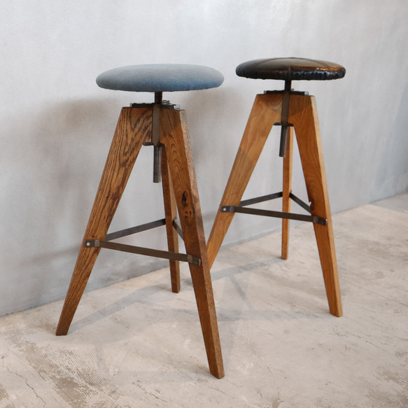 ＼送料無料／[LV High Stool]昇降式ハイスツール アイアン 無垢材 布 革 丸座面 おしゃれ -69_h- 5枚目の画像