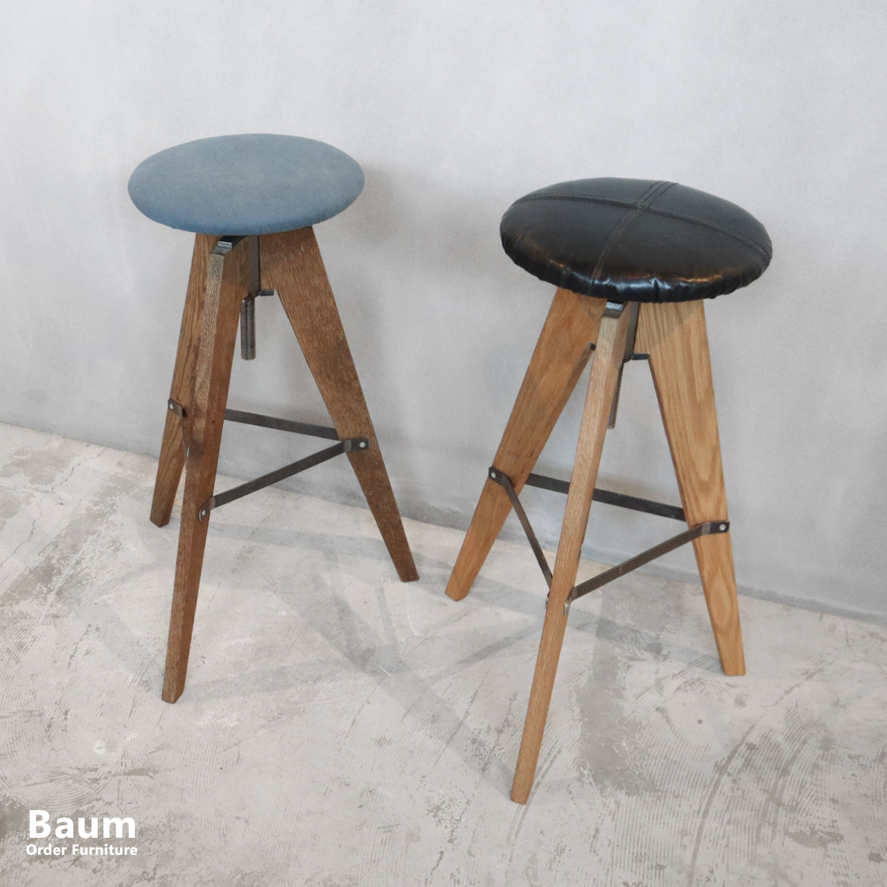 LV High Stool]オーク ハイスツール 昇降式 本革 帆布 アイアン 丸座面