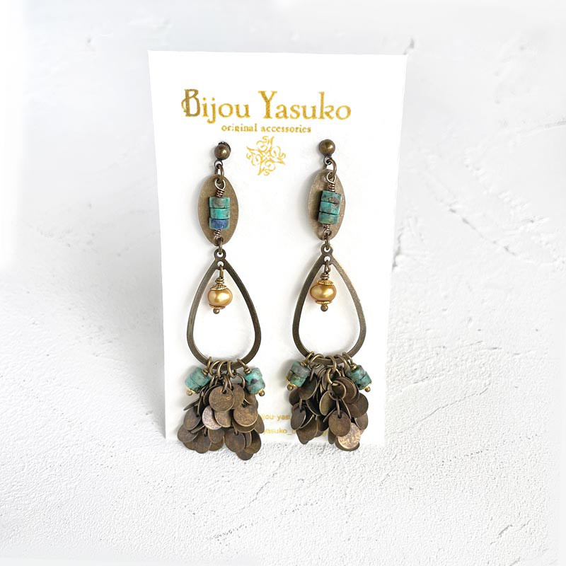 グリーン アフリカン ターコイズ フリンジ ピアス  イヤリング 大ぶり 揺れる ゴールド 14kgf  贈り物