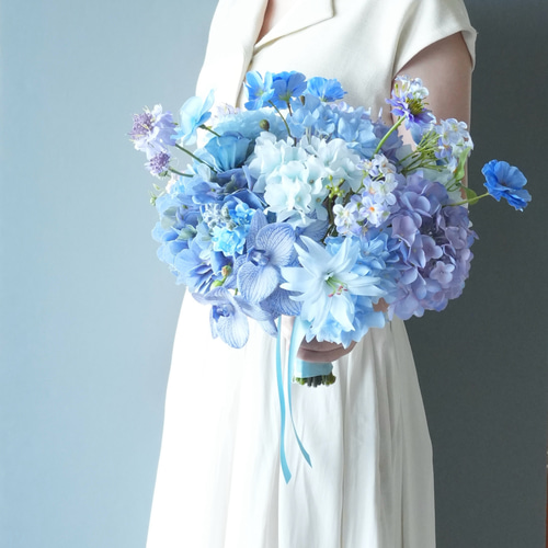 造花ウェディングブーケ 紫陽花×夏の結婚式に 胡蝶蘭 アーティ
