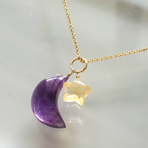 天然石の月と星〜 アメジスト&シトリンのK14gfネックレス 天然石の月と星〜 アメジスト&シトリンのK14gfネックレス