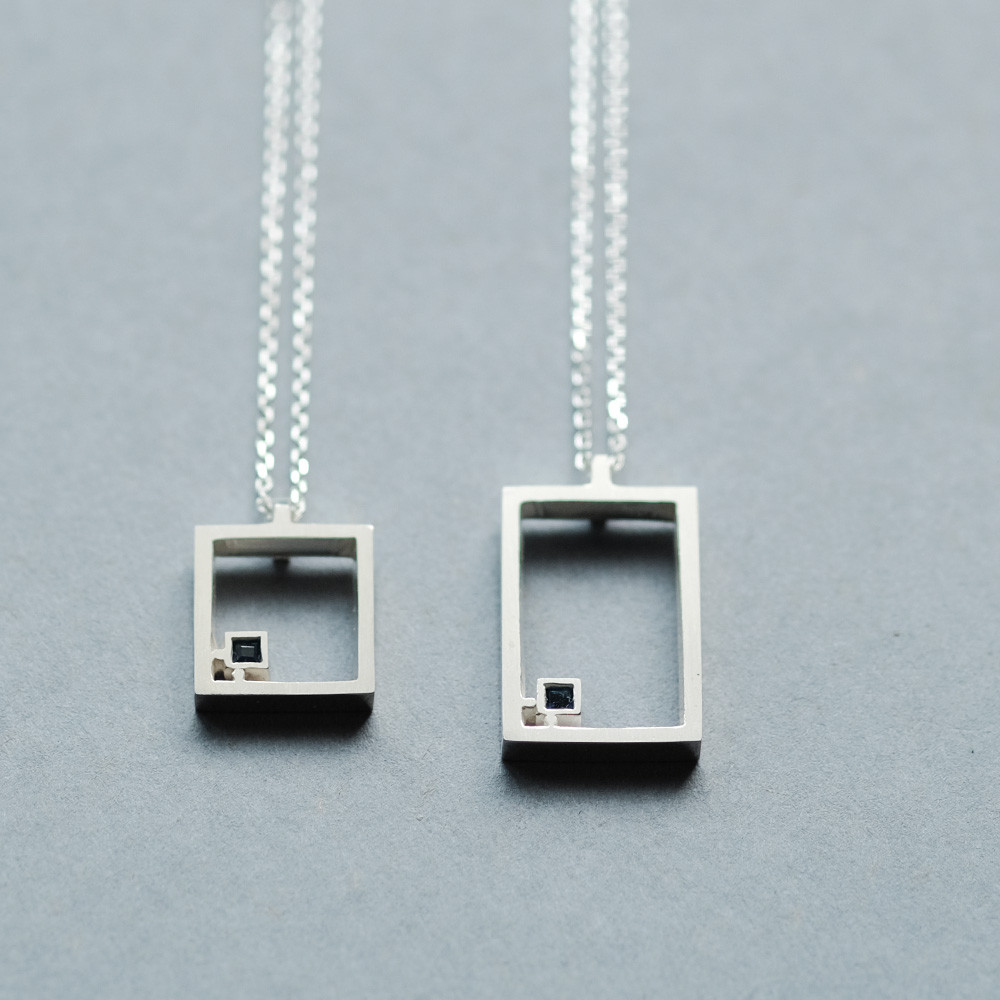 2コset) 天然サファイア 四角 フレーム ペア ネックレス シルバー925