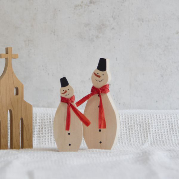 スノーマン Ｌサイズ×Ｓサイズセット｜雪だるま ゆきだるま クリスマス 冬 雪 置物 木製 ペイント 6枚目の画像