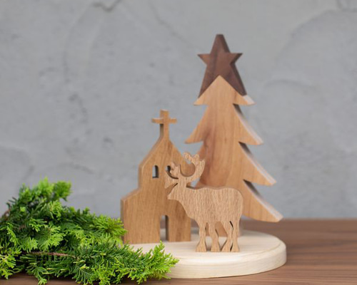 クリスマス オブジェ セット C｜置物 ツリー トナカイ 教会 木製