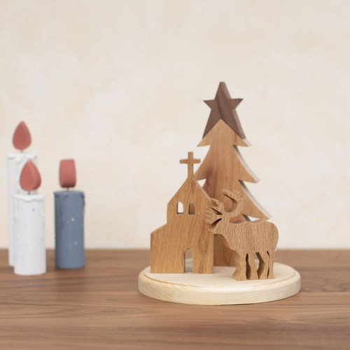 クリスマス オブジェ セット C｜置物 ツリー トナカイ 教会 木製