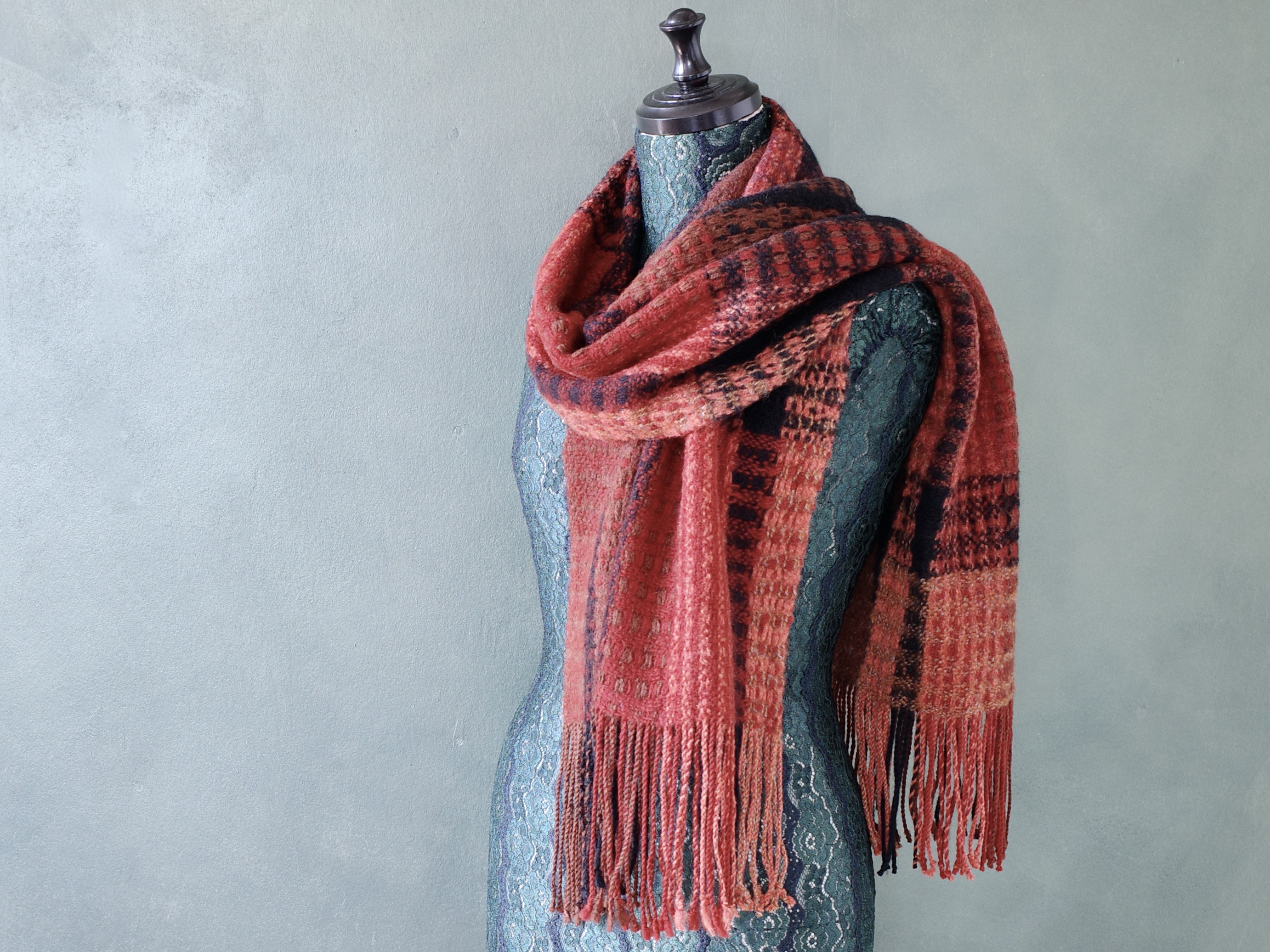 手織り ストール ブロックツイル織 チェックブラウン Handwoven  NMMM19100