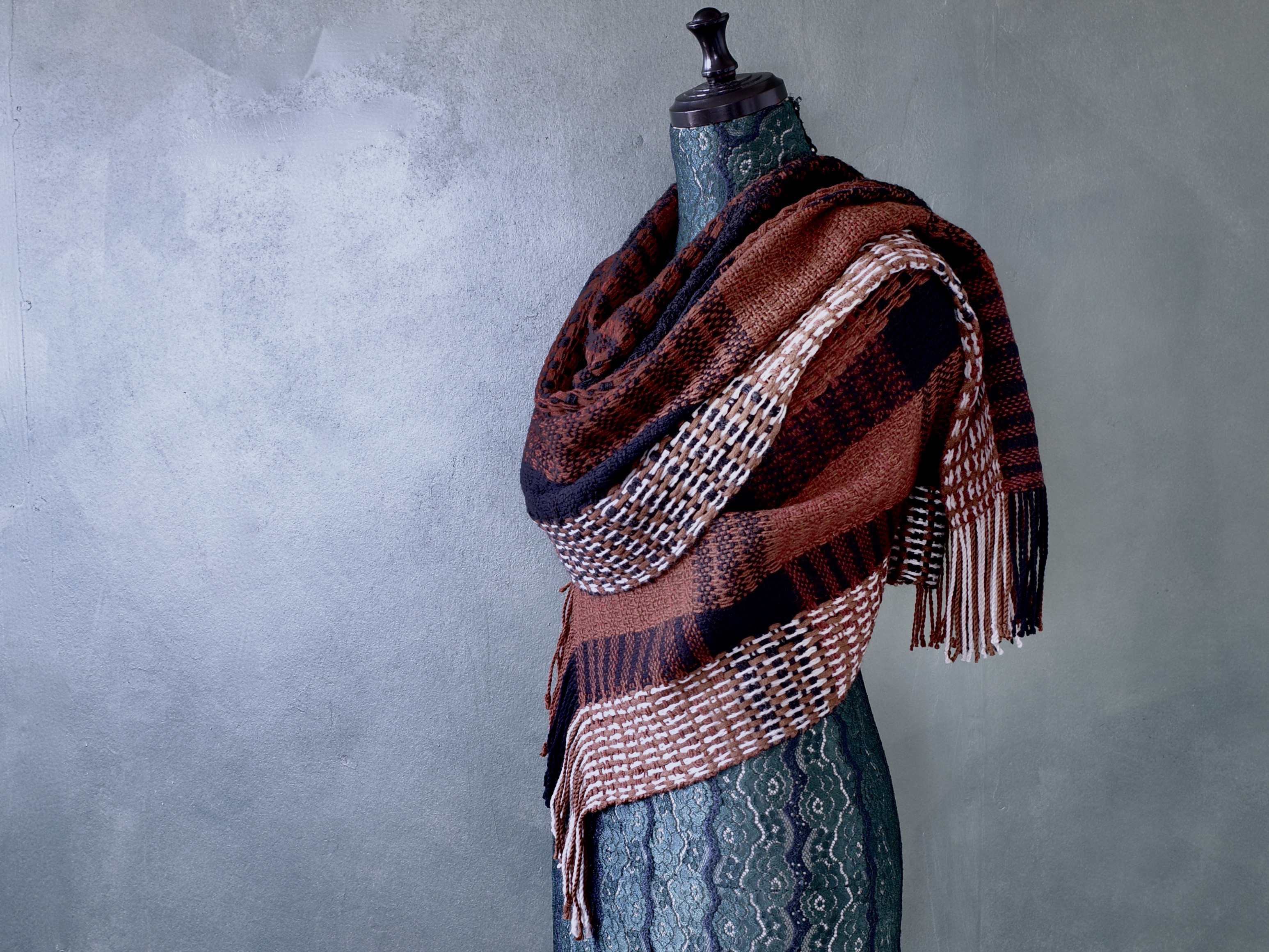 手織り ストール ブロックツイル織 ブラウン Handwoven NSML19102