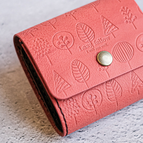 北欧柄のちいさなお財布 ピンク］本革の温もり お札を折らないミニマム