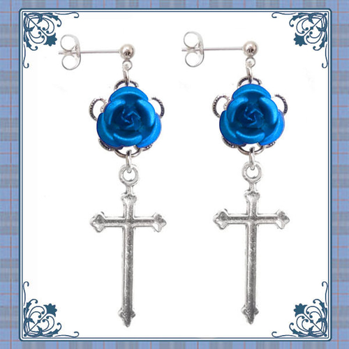 薔薇 バラ ばら ローズ 十字架 クロス 銀 シルバー 青 ブルー ピアス
