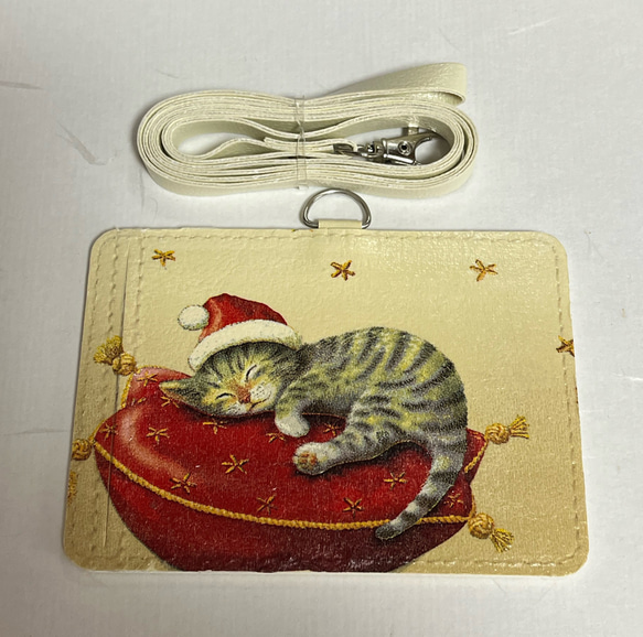 送料込み　受注作成 ねこちゃんパスケース　猫IDホルダー　ネコ社員証　ねこネームカード　クリスマスネームホルダー　 1枚目の画像