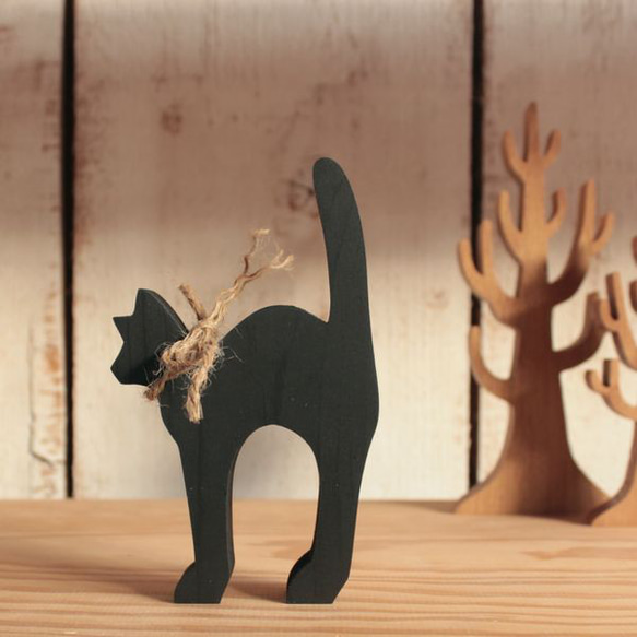 [免運費] 黑貓物萬聖節裝飾雕像黑貓貓內裝木製雜貨鄉村 第7張的照片
