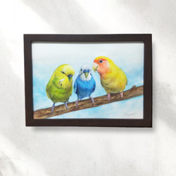 女性とコザクラインコ F4 油彩画 絵画 コザクラインコの小さなアート 一輪の花｜油絵風デジタルイラスト