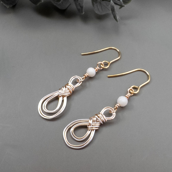 水引風 ワイヤーラッピング ピアス みょうが結び ホワイトコーラル