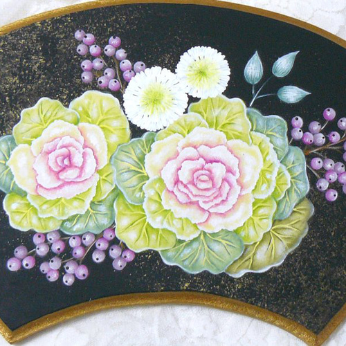 トールペイント❤葉ボタンの扇プレート（受注製作） イラスト andante