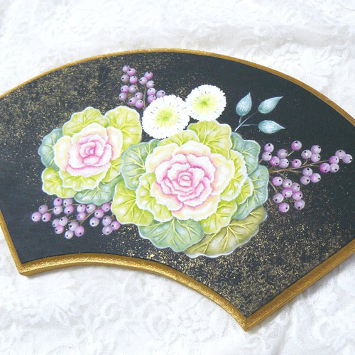 トールペイント (アッセンデルフト)扇置物、プレート トールペイント❤葉ボタンの扇プレート（受注製作） イラスト andante