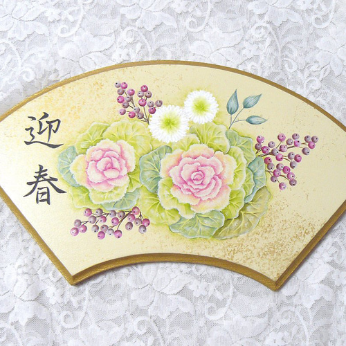 トールペイント❤葉ボタンの扇プレート（受注製作） イラスト andante