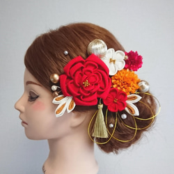 ◯ぼんぼん玉と水引とダリアつまみ細工◯ 髪飾り 成人式髪飾り 卒業式