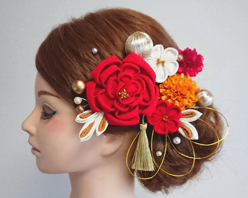 ◯ぼんぼん玉と水引とダリアつまみ細工◯ 髪飾り 成人式髪飾り 卒業式