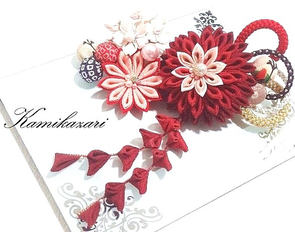 ⚜ 正絹髪飾り ヒナゲシや桜 つまみ細工 / 箱付【深紅xピンクx香色x白】振袖、成人式、卒業式、結婚式