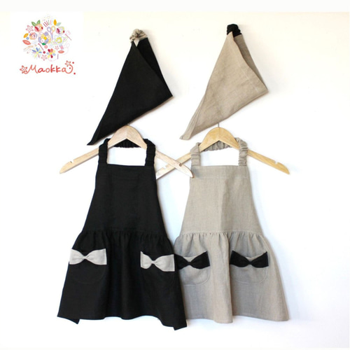 上質なヨーロッパリネン＊バイカラーキッズギャザーエプロンセット100