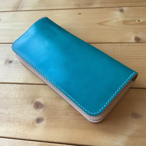 mumagorou様ご予約品☆手染め ターコイズブルー 長財布！小銭入れあり  