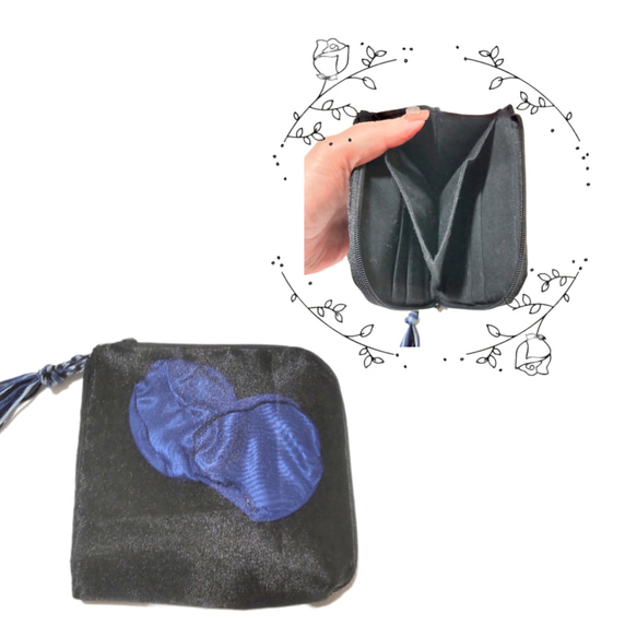 青い花びら入りL字ファスナー布財布（黒） 1枚目の画像