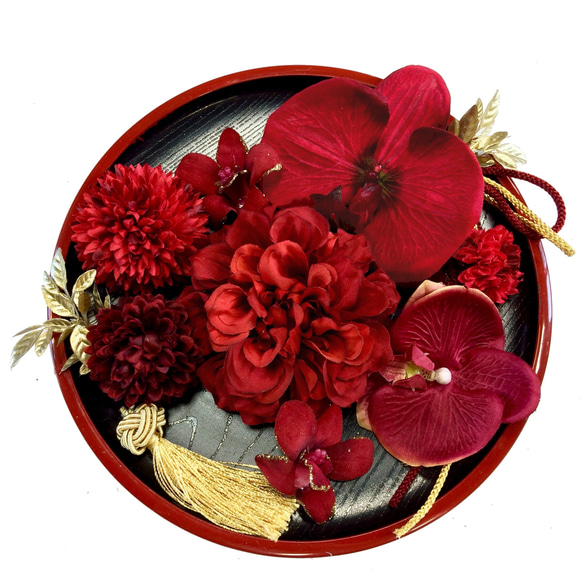 赤と金 ダリア と 胡蝶蘭 髪飾り 選べるタッセル 着物 結婚式 成人式 1枚目の画像