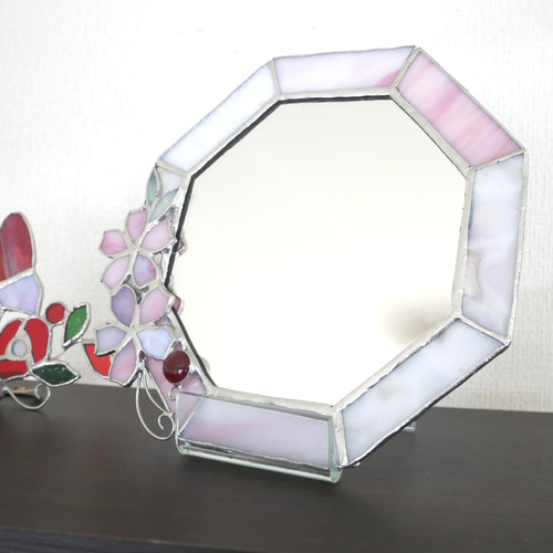 ピンクの薔薇の鏡　ステンドグラス ローズピンクのバラのパネル ステンドグラス アンティークガラス