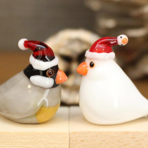 受注制作】ガラスの桜文鳥サンタ シースルー帽子 その他置物 ガラス
